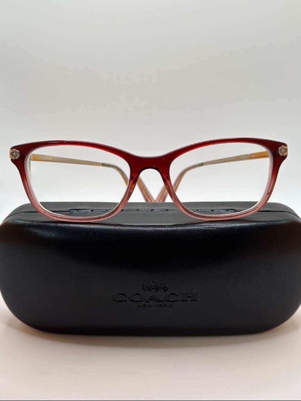 Coach Burgundy Glitter Gradient Frame Eyeglasses with Gold Tone Floral Accents